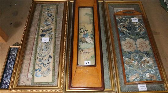 3 framed Chinese sleeve bands, similar tray, 2 other panels & framed Oriental painting